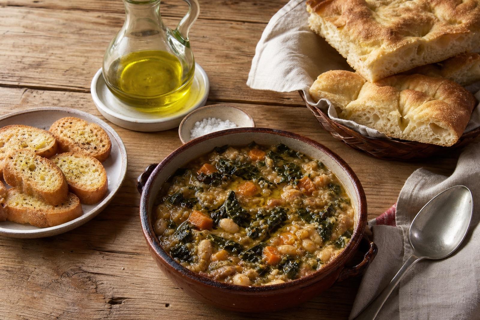 Mesa toscana con ribollita, schiacciata y productos locales