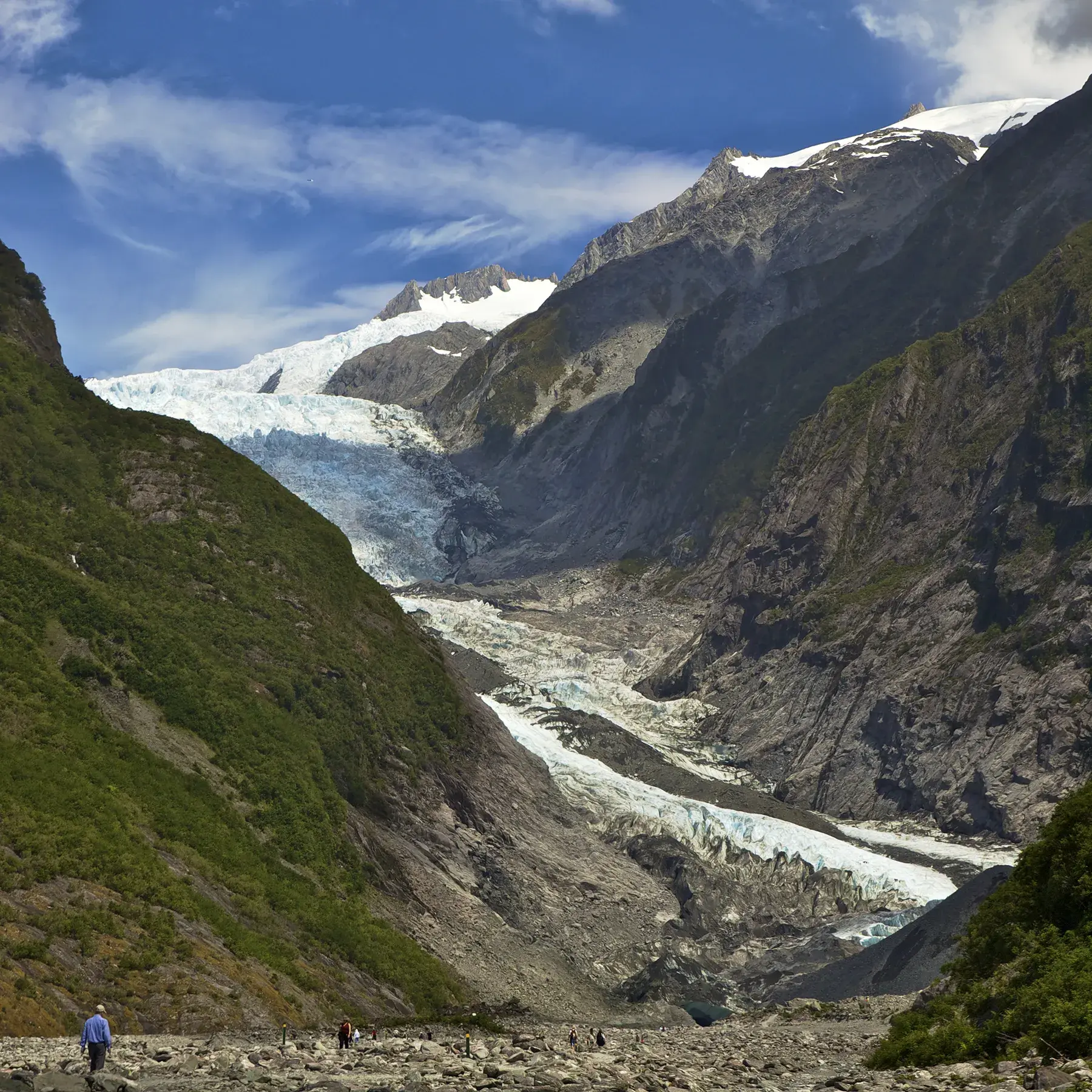 Vista histórica del glaciar Franz Josef, cuyo acceso y frente cambian