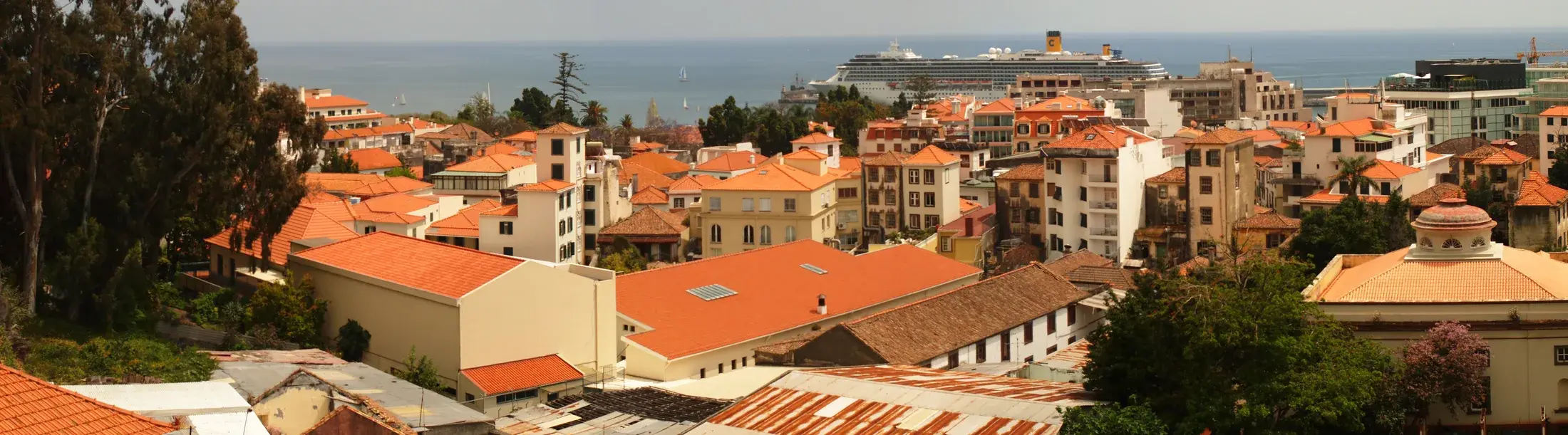 Tejados del centro de Funchal y su bahía con un crucero al fondo