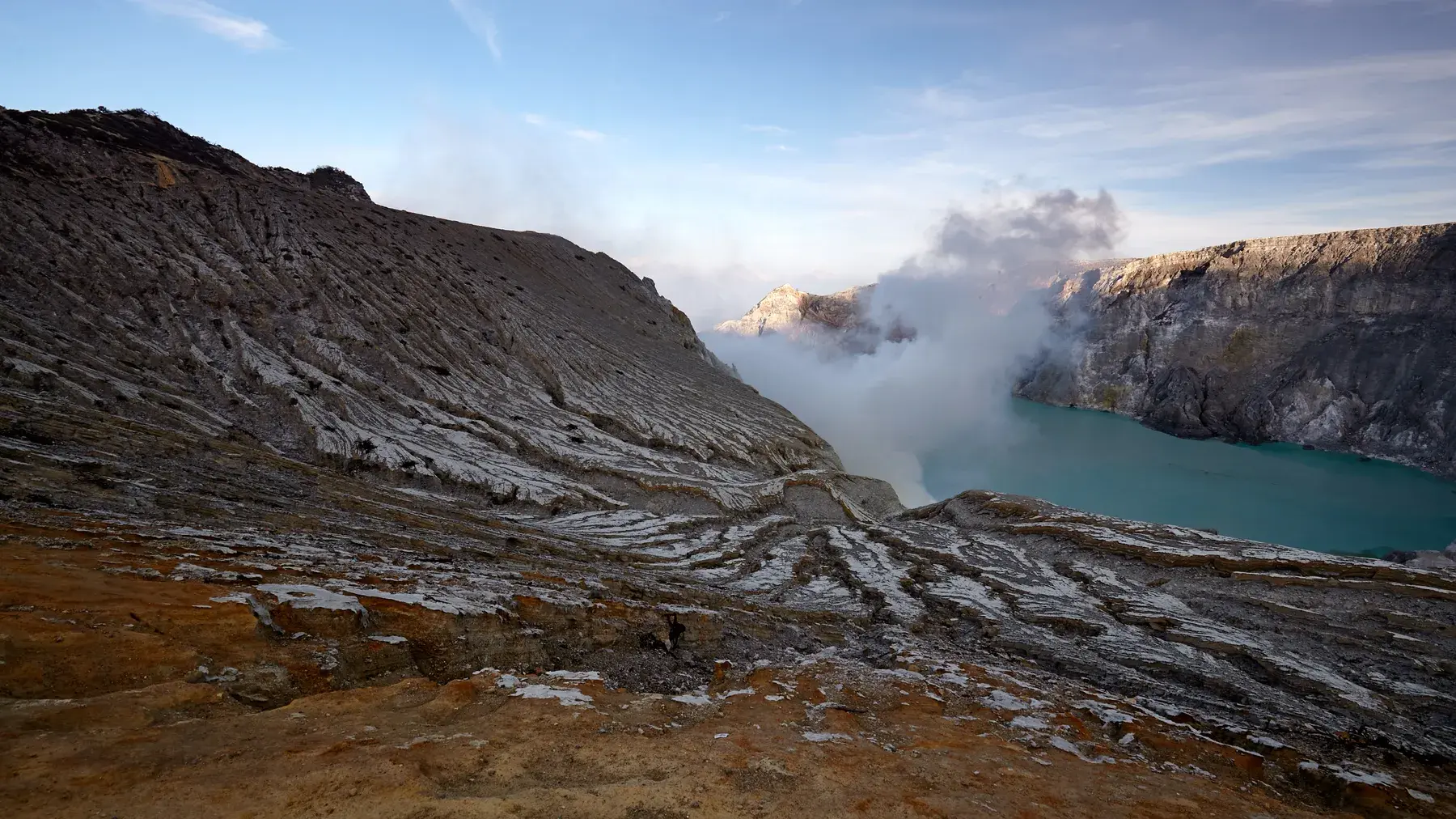 Lago del cráter de Ijen y emisiones de gases