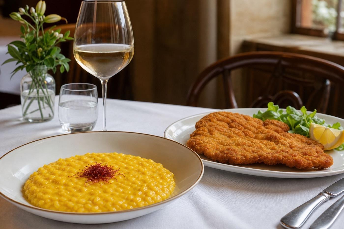 Risotto alla milanese con azafrán y cotoletta servidos en una mesa
