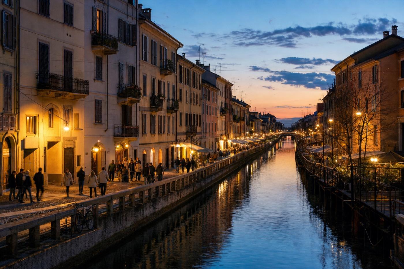 Canal Naviglio Grande al anochecer entre fachadas y terrazas
