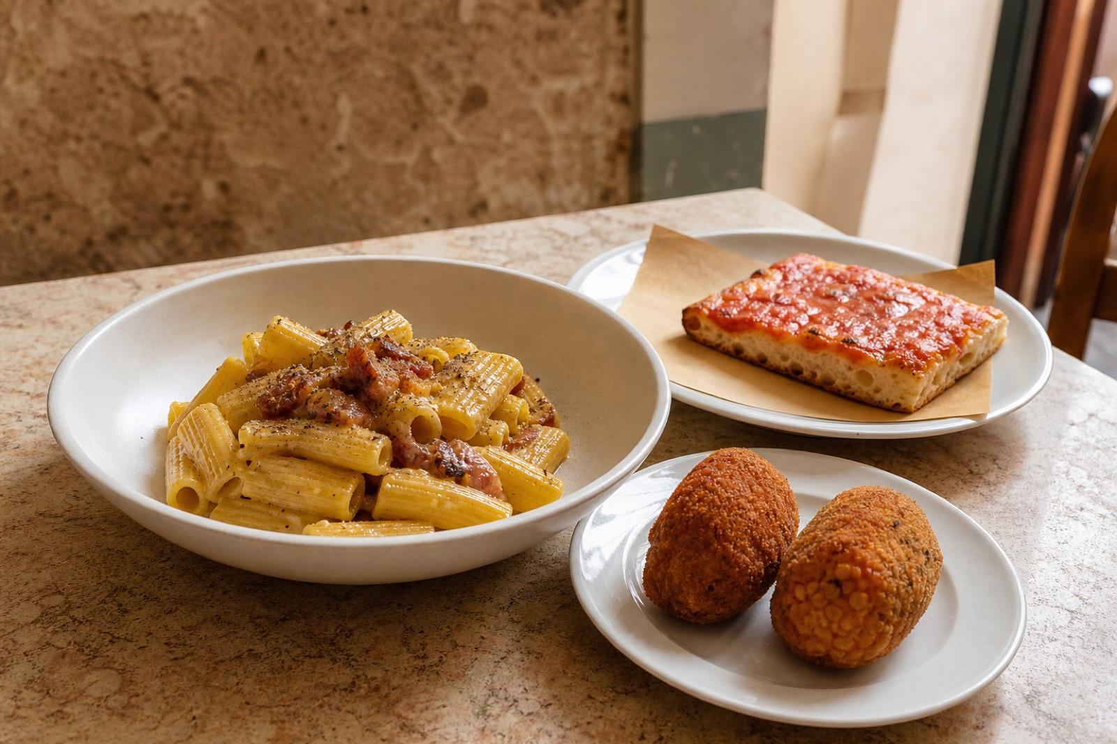 Carbonara, supplì y pizza romana sobre una mesa