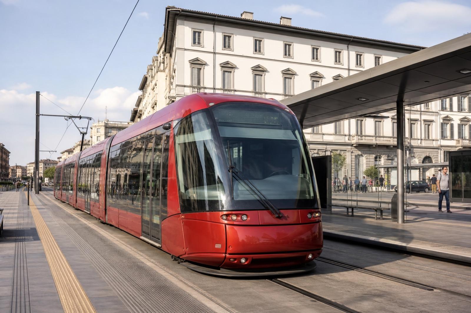 Tranvía moderno de Florencia junto a la estación urbana