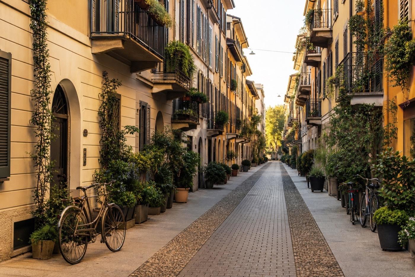 Calle residencial de Brera con balcones, bicicletas y vegetación