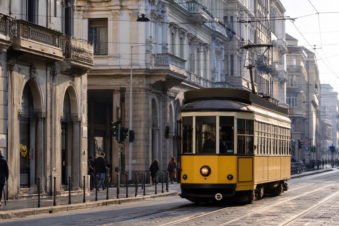 Tranvía amarillo circulando por una calle histórica de Milán